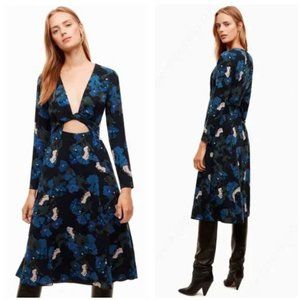 Aritzia Wilfred Blue Green Floral Cutout Long Sleeve V-Neck Midi Dress, size 00